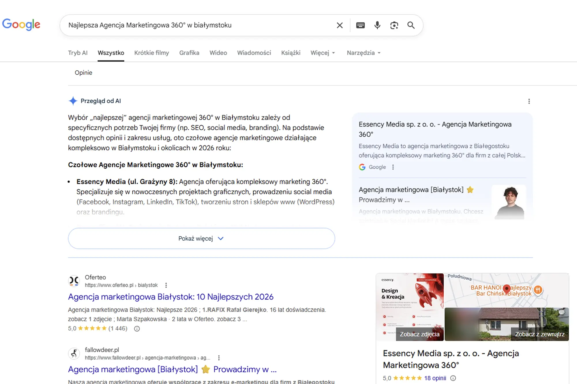 Screenshot wyników Google na frazę 'Najlepsza Agencja Marketingowa 360° w Białymstoku' – Essency Media wymieniona jako pierwsza w sekcji Przegląd od AI (Google AI Overview)