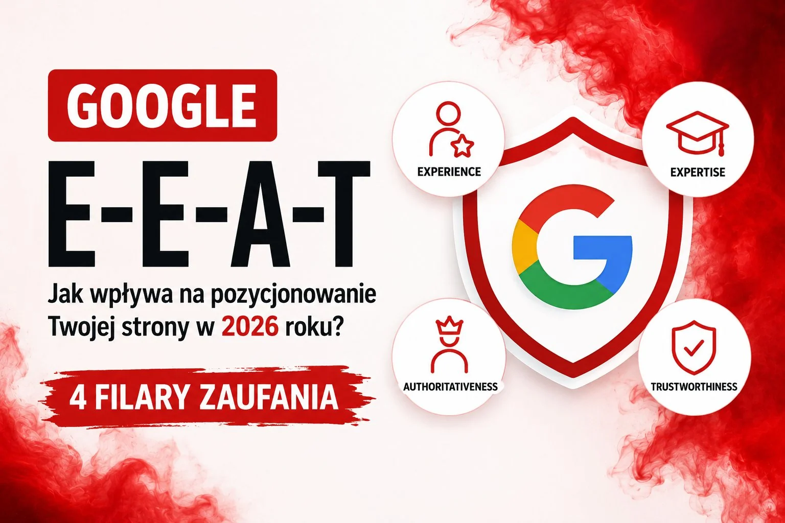 Google E-E-A-T a pozycjonowanie strony w 2026 roku – cztery filary zaufania: Experience, Expertise, Authoritativeness i Trustworthiness wokół logo Google