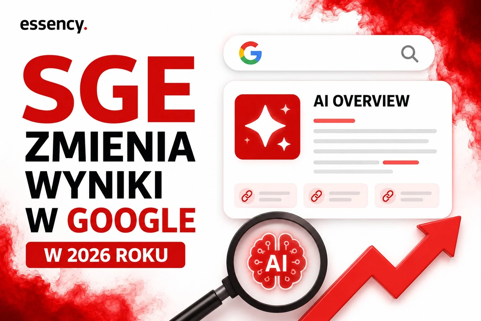SGE zmienia wyniki w Google w 2026 roku – okno wyszukiwarki z boksem AI Overview, źródłami i lupą z symbolem AI