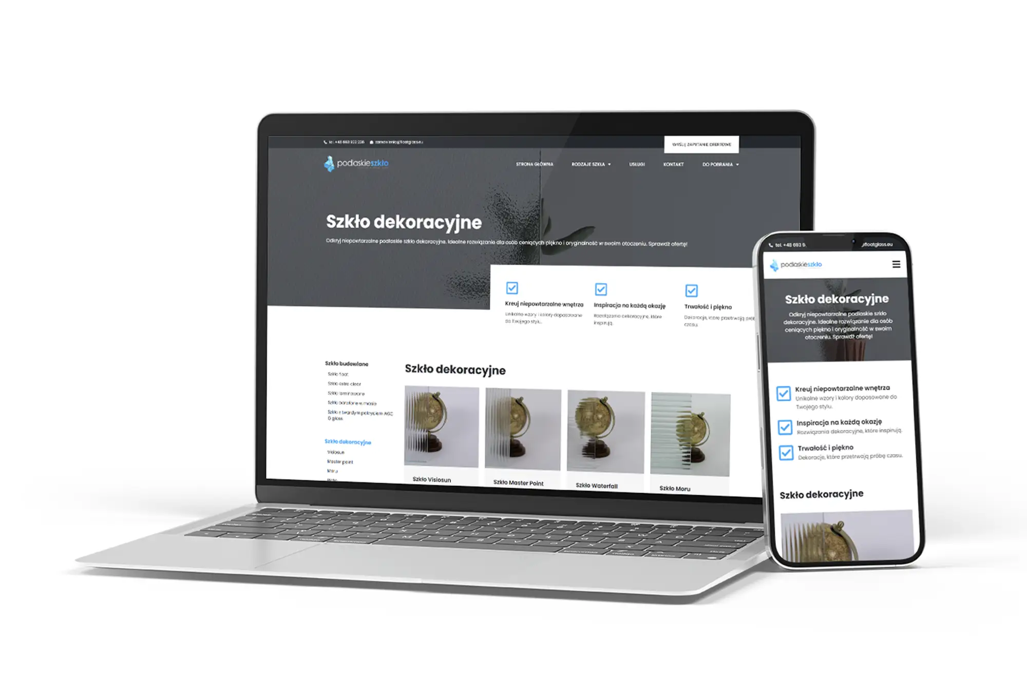 Responsywna strona internetowa Podlaskie Szkło – widok RWD na laptopie i smartfonie, firma szklarska Białystok